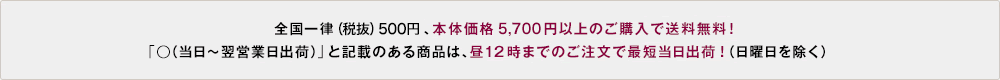 送料は全国一律（税抜）500円、本体価格 5,700円以上のご購入で送料無料!「○（当日～翌営業日出荷）」と記載のある商品は、昼12時までのご注文で最短当日出荷!（日曜日を除く）