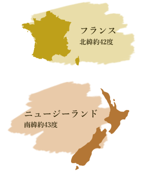 フランス 北緯約42度  ニュージーランド 南緯約43度