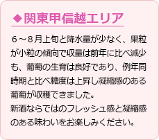 【関東甲信越エリア】 ６～８月上旬と降水量が少なく、果粒が小粒の傾向で収量は前年に比べ減少も、葡萄の生育は良好であり、例年同時期と比べ糖度は上昇し凝縮感のある葡萄が収穫できました。新酒ならではのフレッシュ感と凝縮感のある味わいをお楽しみください。