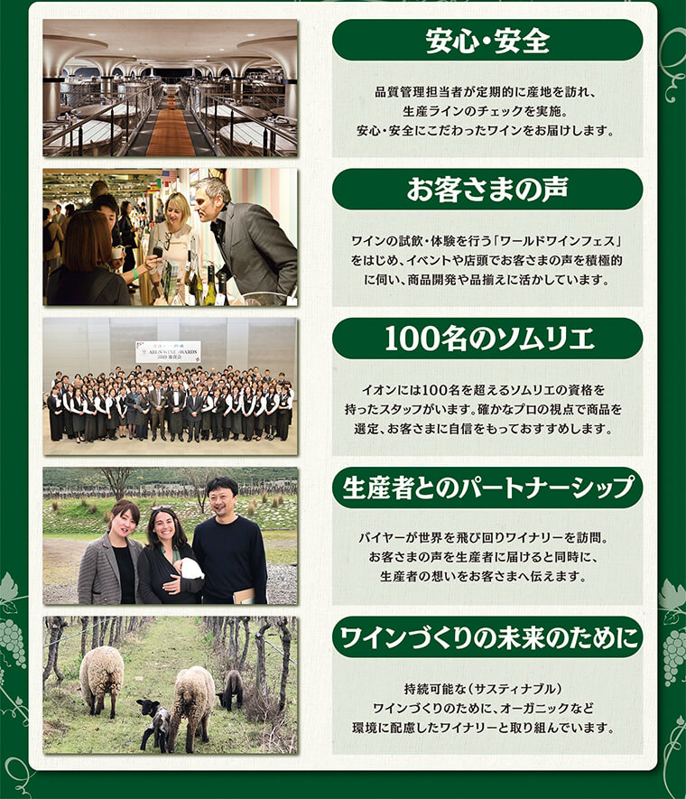 「安心・安全」「お客様の声」「100名のソムリエ」「生産者とのパートナーシップ」