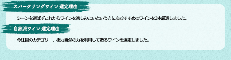 
スパークリングワイン 選定理由 シーンを選ばずこれからワインを楽しみたいという方にもおすすめのワインを3本厳選しました。
自然派ワイン 選定理由 今注目のカテゴリー、極力自然の力を利用して造るワインを選定しました。
