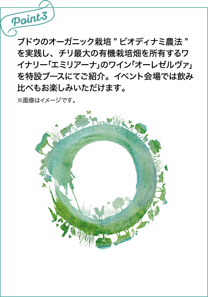 Point3 ブドウのオーガニック栽培”ビオディナミ農法”を実践し、チリ最大の有機栽培畑を所有するワイナリー｢エミリアーナ｣のワイン｢オーレゼルヴァ｣を特設ブースにてご紹介。イベント会場では飲み比べもお楽しみいただけます。!