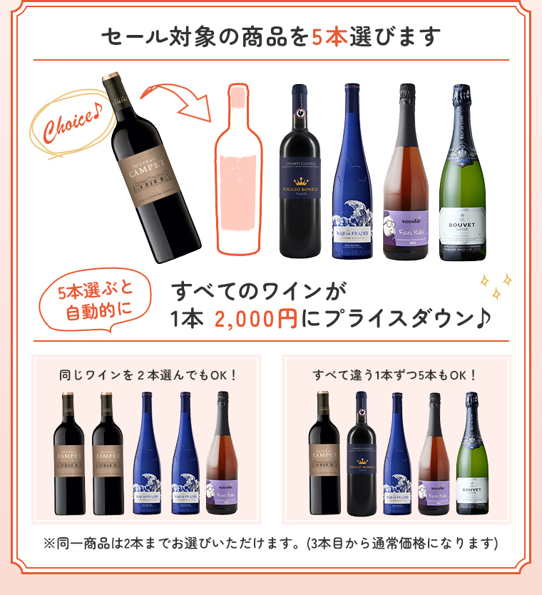 セール対象商品からワインを5本選びます すべてのワインが1本 2,000円にプライスダウン