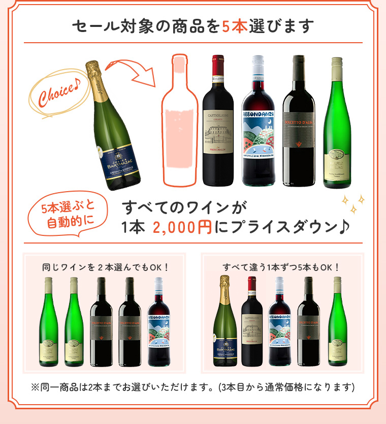 セール対象商品からワインを5本選びます すべてのワインが1本 2,000円にプライスダウン