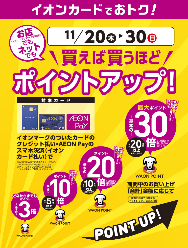 イオンカードでお得 買えば買うほどポイントアップ 11/20日（木）～30日（日）
