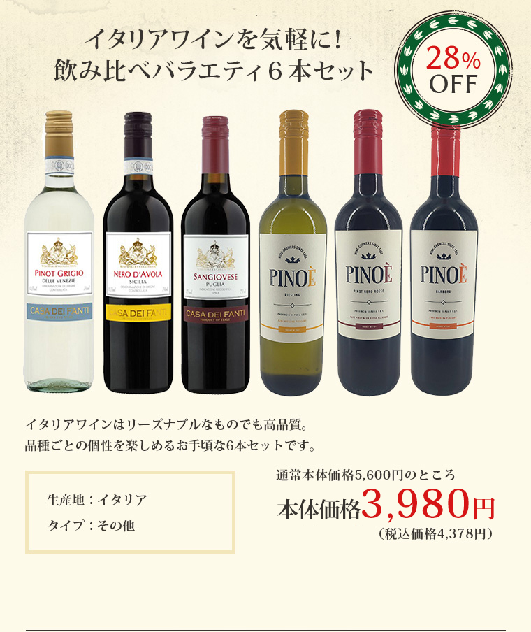イタリアワインを気軽に！飲み比べバラエティ６本セット