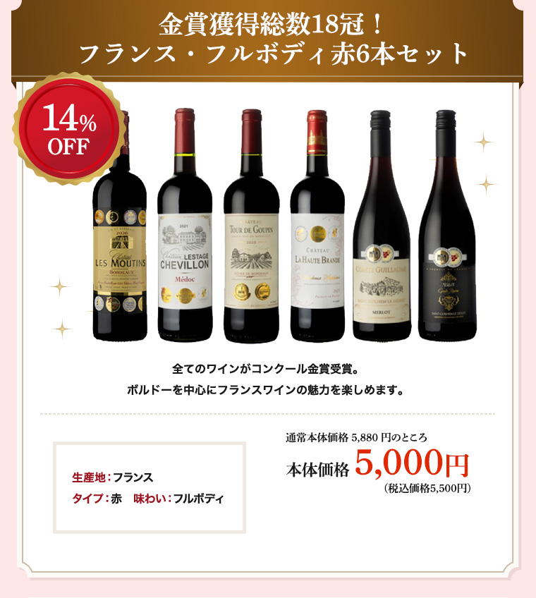 金賞獲得総数18冠！フランス・フルボディ赤6本セット