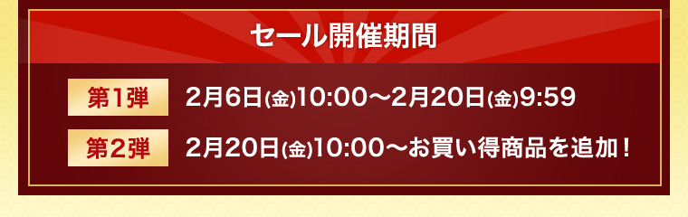 第一弾 2月6日(金)10:00～2月20日(金)09:59 第二弾 2月20日(金)10:00～ お買い得商品を