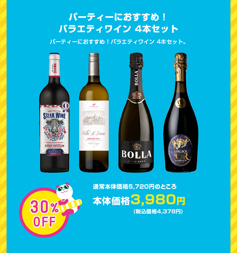 パーティーにおすすめ！バラエティワイン 4本セット