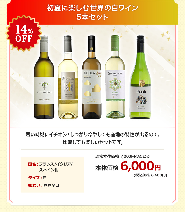初夏に楽しむ世界の白ワイン5本セット