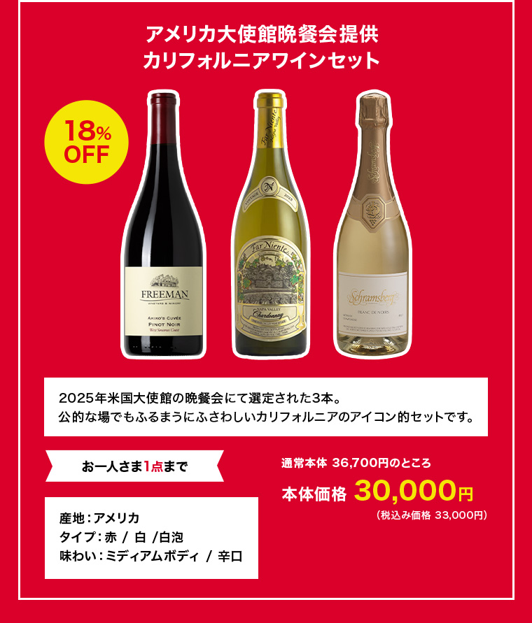 アメリカ大使館晩餐会提供カリフォルニアワインセット